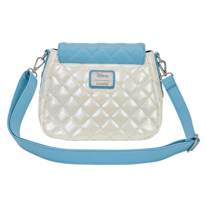 Quilted handbag with light blue top and strap on a white background