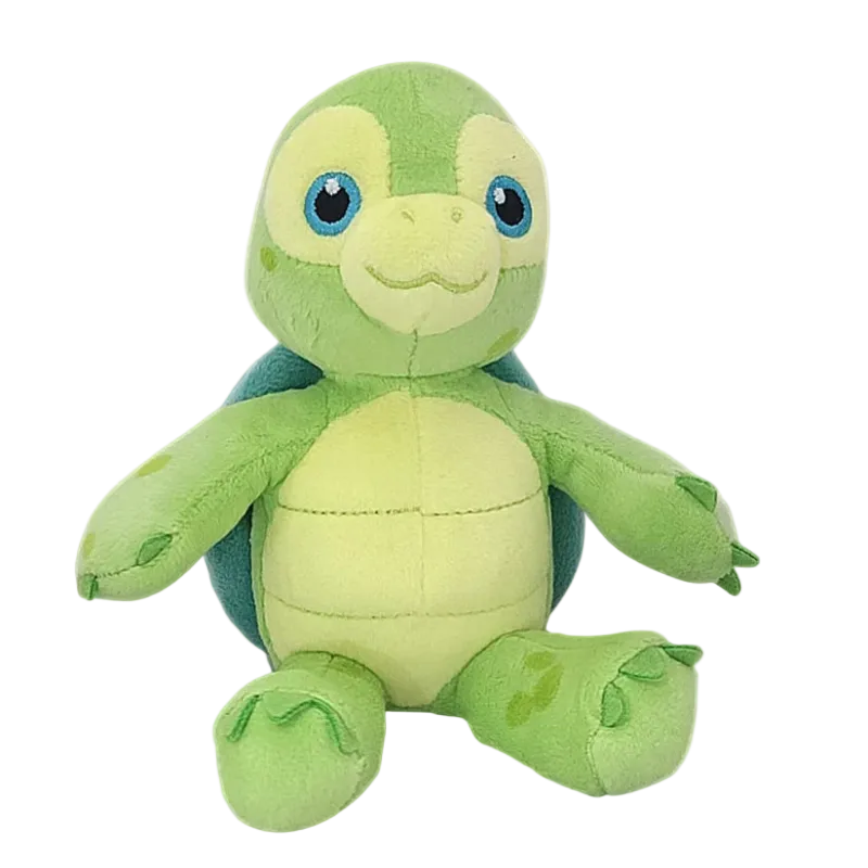 Green plush turtle toy on a white background