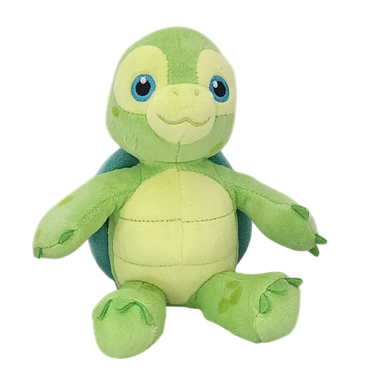 Green plush turtle toy on a white background