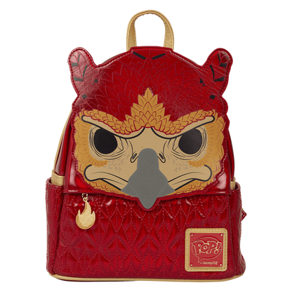 Red backpack with owl design and 'Pop!' logo on a white background