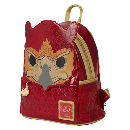 Red backpack with owl design on a white background