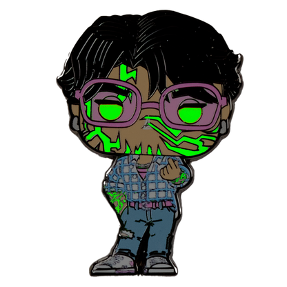 Character with green eye makeup and purple glasses on a white background