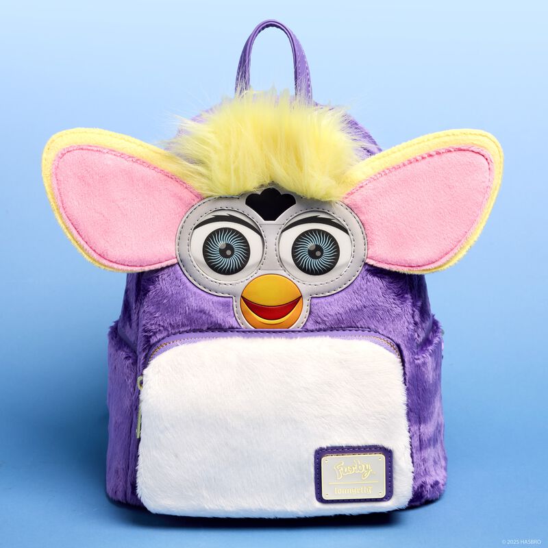 Plush backpack with a cartoon character face on a blue background