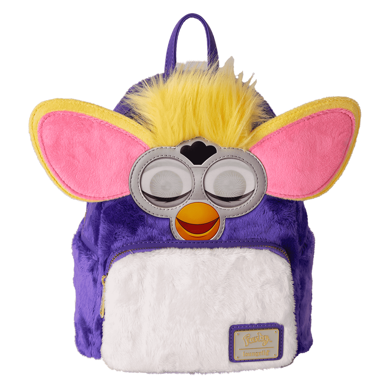 Plush backpack with cartoon character face on a white background