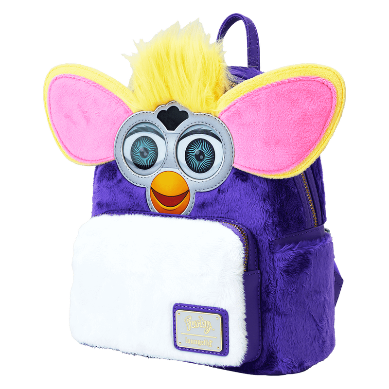 Plush backpack with cartoonish face on a white background