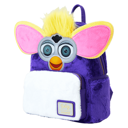 Plush backpack with cartoonish face on a white background