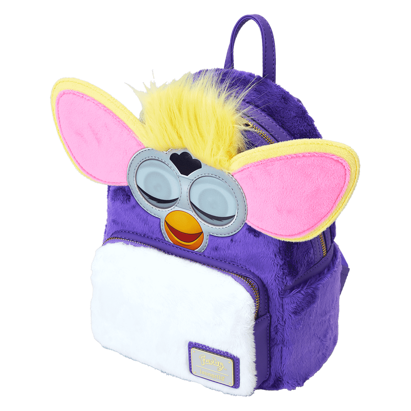 Purple backpack with cartoon character face on a white background
