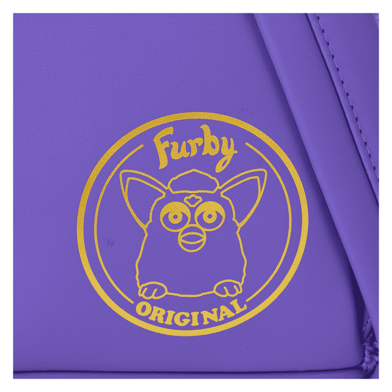 Purple pouch with yellow Furby logo on a white background