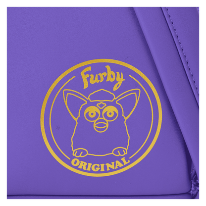 Purple pouch with yellow Furby logo on a white background