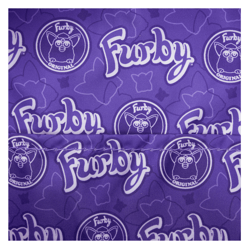 Purple fabric with 'Furby' logo pattern