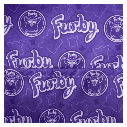 Purple fabric with 'Furby' logo pattern