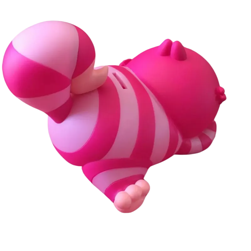 Pink and white striped toy figure on a white background
