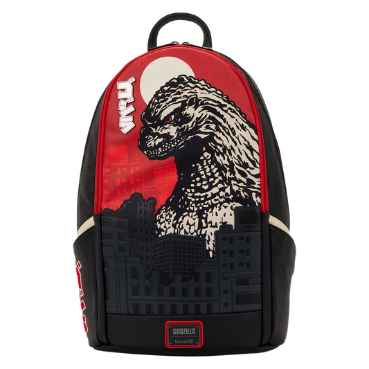 Backpack with Godzilla design on a white background