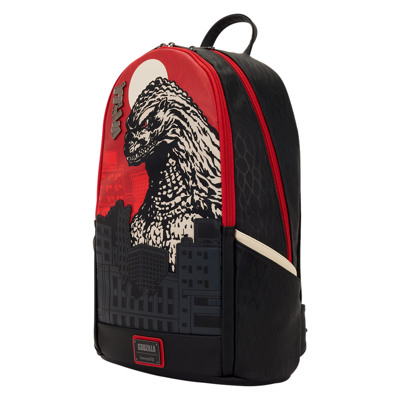 Backpack with Godzilla design on a white background