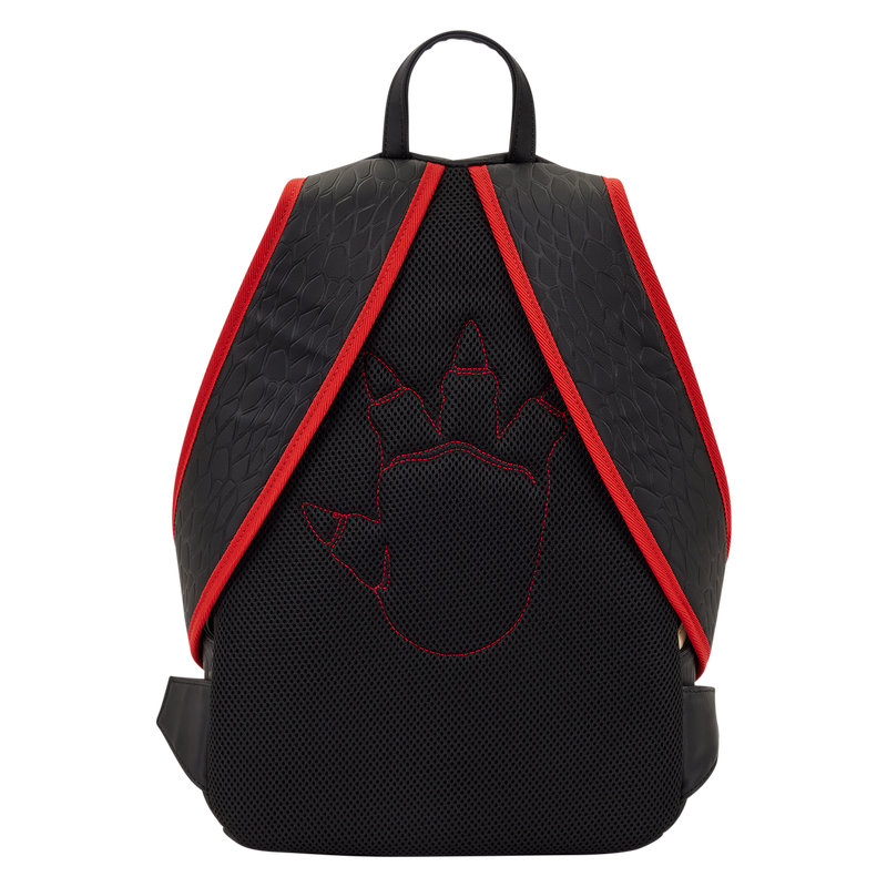 Black backpack with red accents on a white background