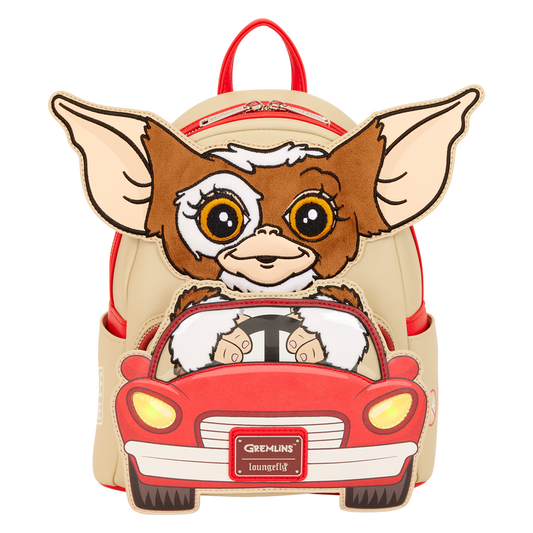 Backpack with a cartoon character driving a car, inspired by Gremlins, on a white background.