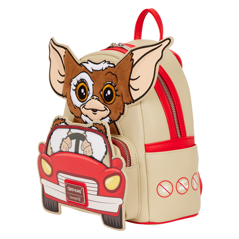 Backpack with cartoon character in a car design on a beige background