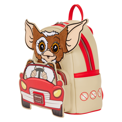 Backpack with cartoon character in a car design on a beige background