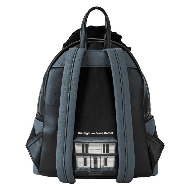 Black backpack with a house illustration and text on a white background