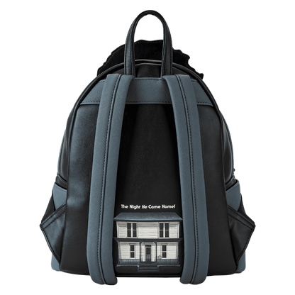 Black backpack with a house illustration and text on a white background