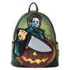 Backpack with a Halloween-themed design featuring a character with an axe and a pumpkin.