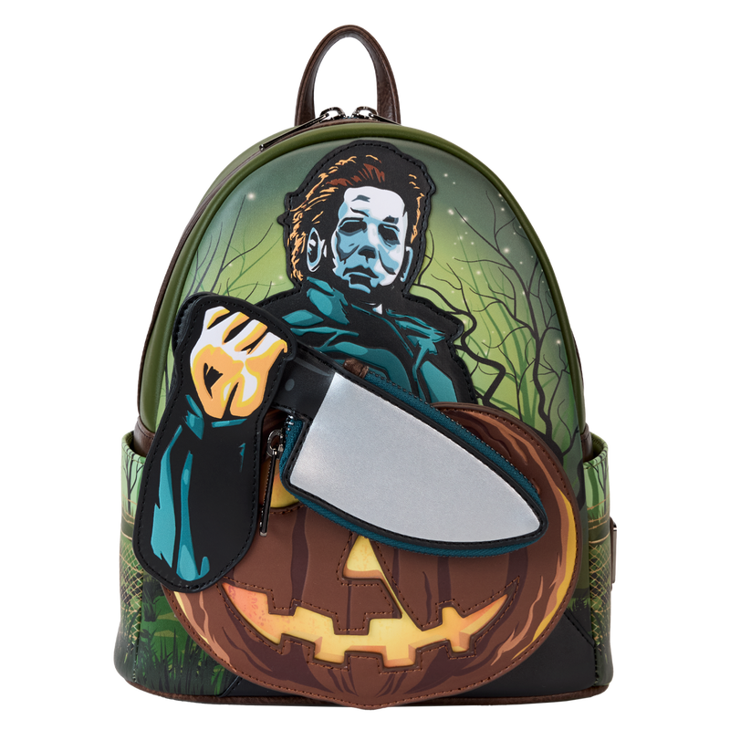 Backpack with a Halloween-themed design featuring a character with an axe and a pumpkin.