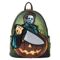 Backpack with a Halloween-themed design featuring a character with an axe and a pumpkin.