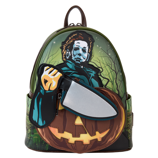 Backpack with a Halloween-themed design featuring a character with an axe and a pumpkin.