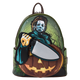 Backpack with a Halloween-themed design featuring a character with an axe and a pumpkin.