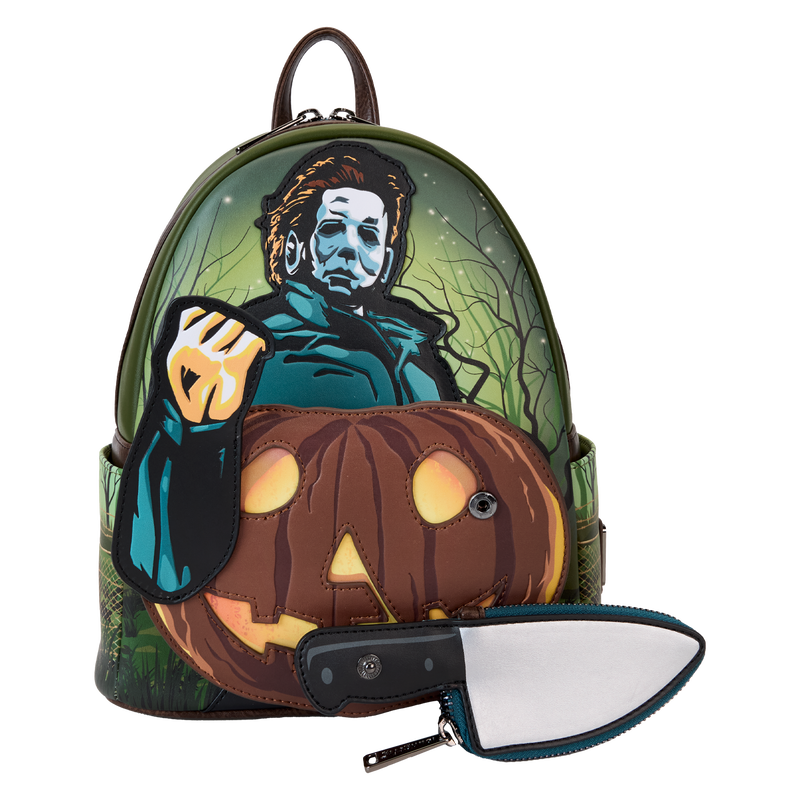Backpack with Halloween-themed design featuring a character and pumpkin, on a white background.