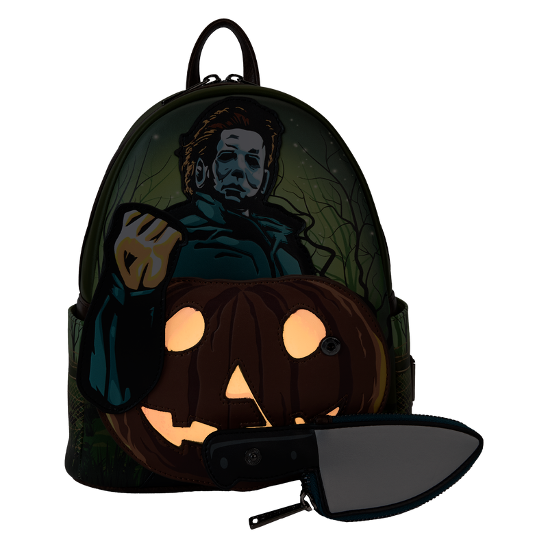 Backpack with Halloween-themed design featuring a masked figure and jack-o'-lantern.