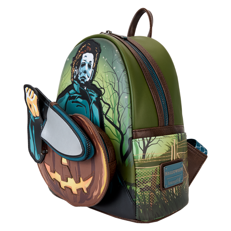 Backpack with Halloween-themed design featuring a masked figure and jack-o'-lantern.