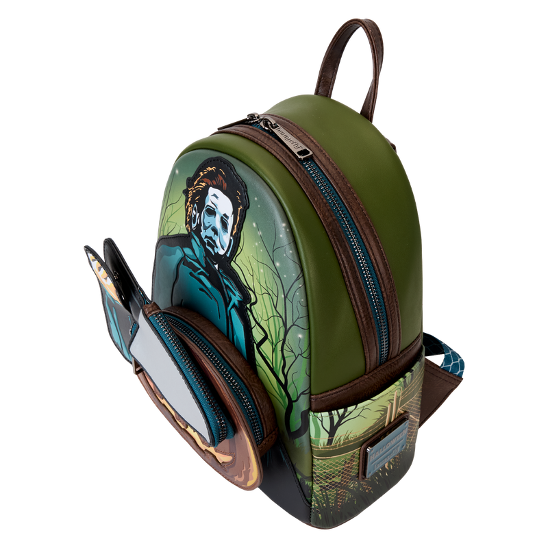 Green backpack with a character design on a white background