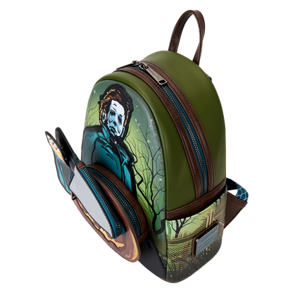 Green backpack with a character design on a white background