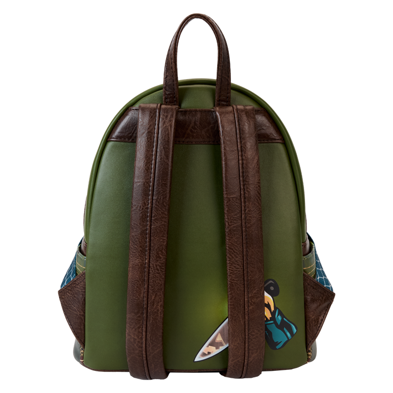Green backpack with brown straps on a white background