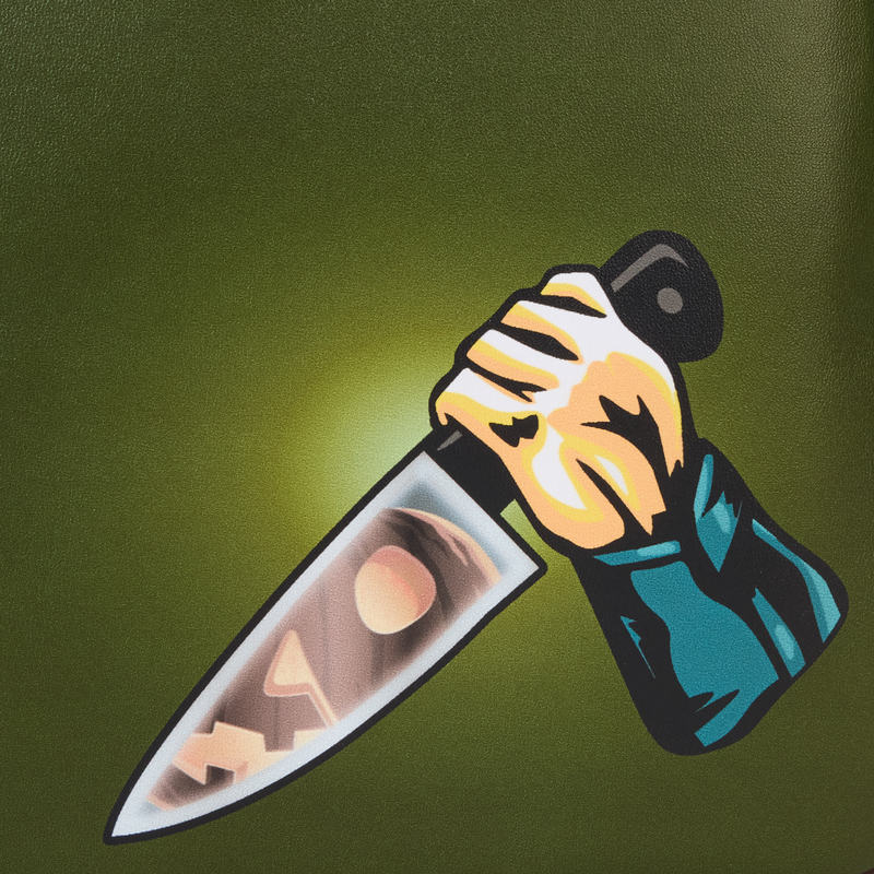 Illustration of a hand holding a knife with a glowing effect on a green background
