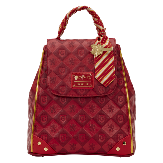 Red backpack with a Harry Potter logo and tie detail on a green background