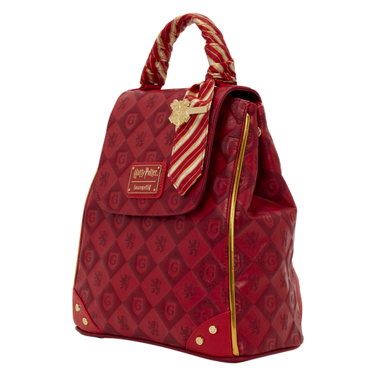 Red backpack with gold accents and a candy cane design on a green background