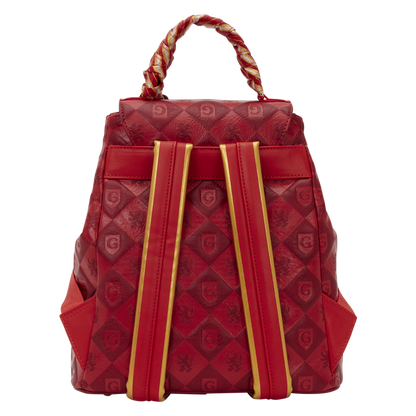 Red patterned backpack with gold straps on a transparent background