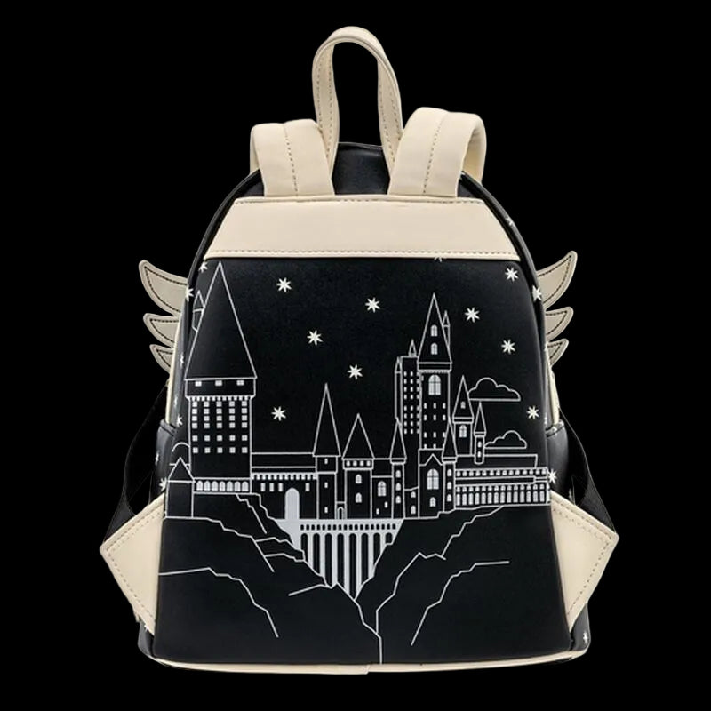 Backpack with castle design on a black background