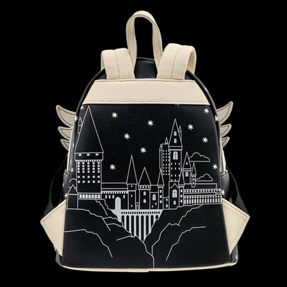Backpack with castle design on a black background