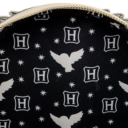 Black pouch with white 'H' logo and angel wings pattern