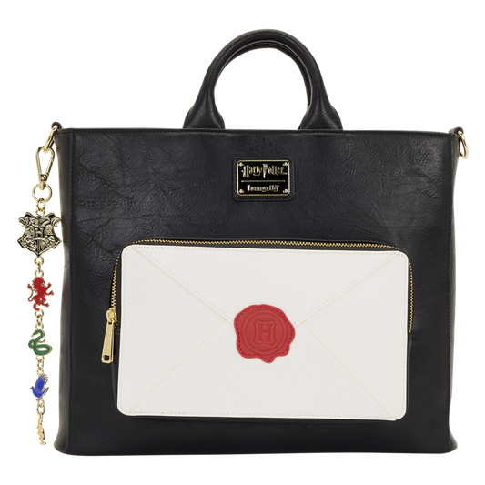 Black handbag with a white pocket featuring a red seal, Harry Potter logo, and charm strap on a white background.