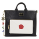 Black handbag with a white pocket featuring a red seal, Harry Potter logo, and charm strap on a white background.