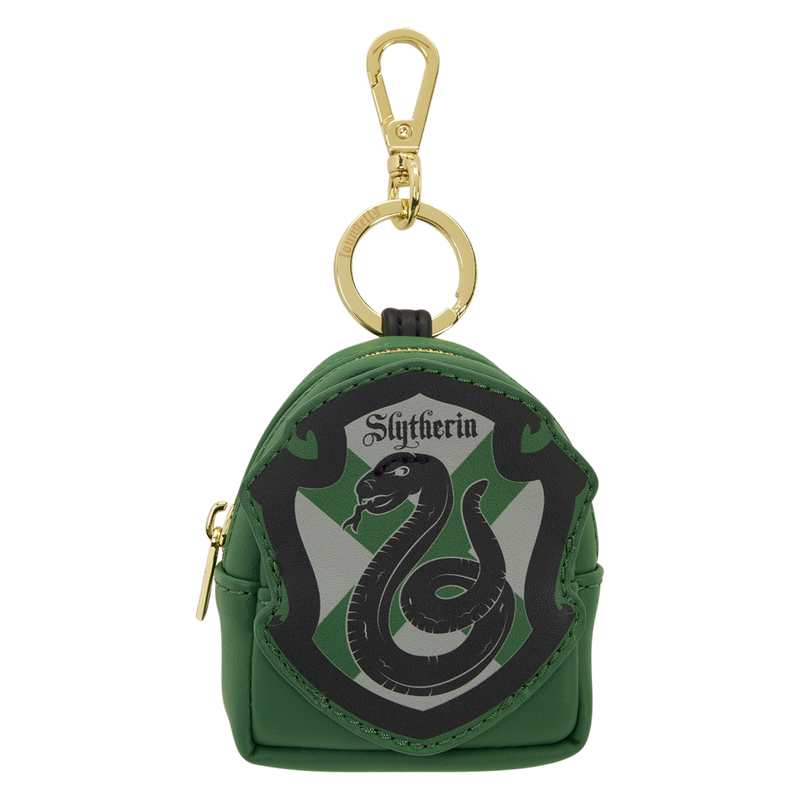 Green pouch with Slytherin emblem and gold keychain on a white background