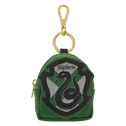 Green pouch with Slytherin emblem and gold keychain on a white background