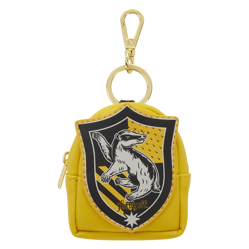 Yellow pouch with a black and gold crest featuring a lion, attached to a keychain on a white background.