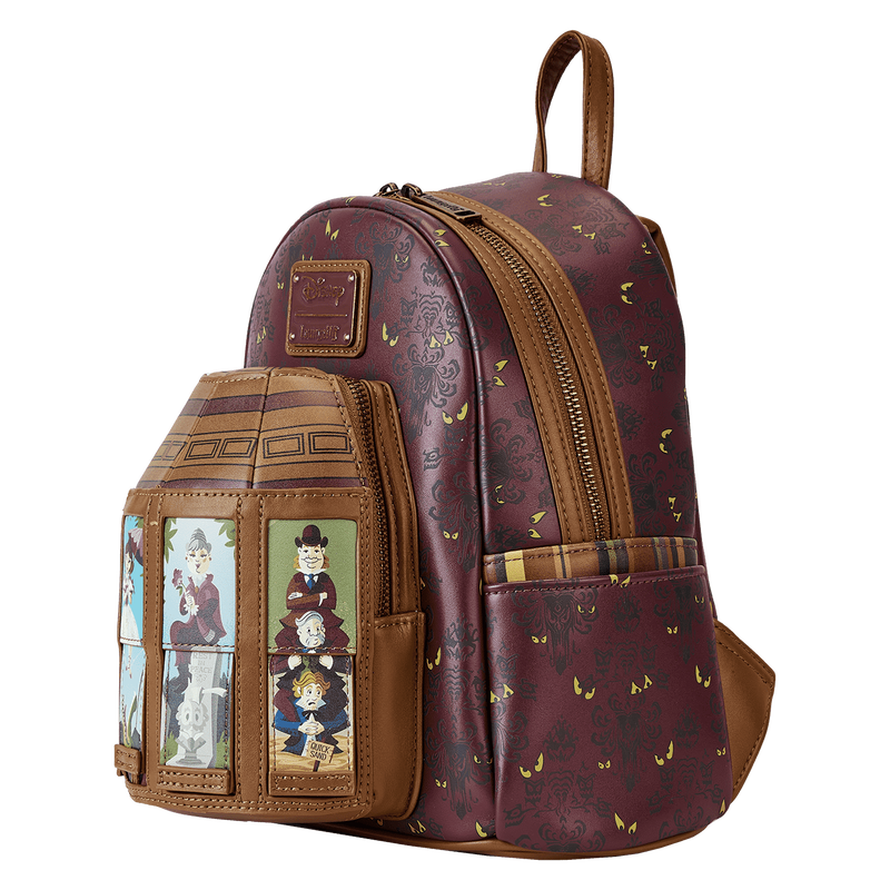 Backpack with maroon and brown design featuring illustrations on a white background