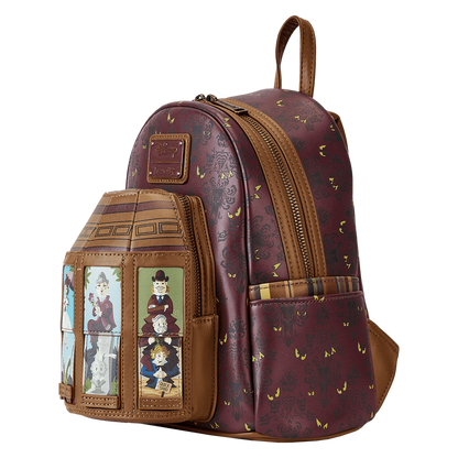 Backpack with maroon and brown design featuring illustrations on a white background