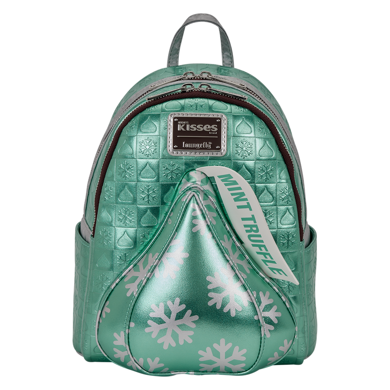 Green textured backpack with snowflake design and 'Kisses' branding on a white background